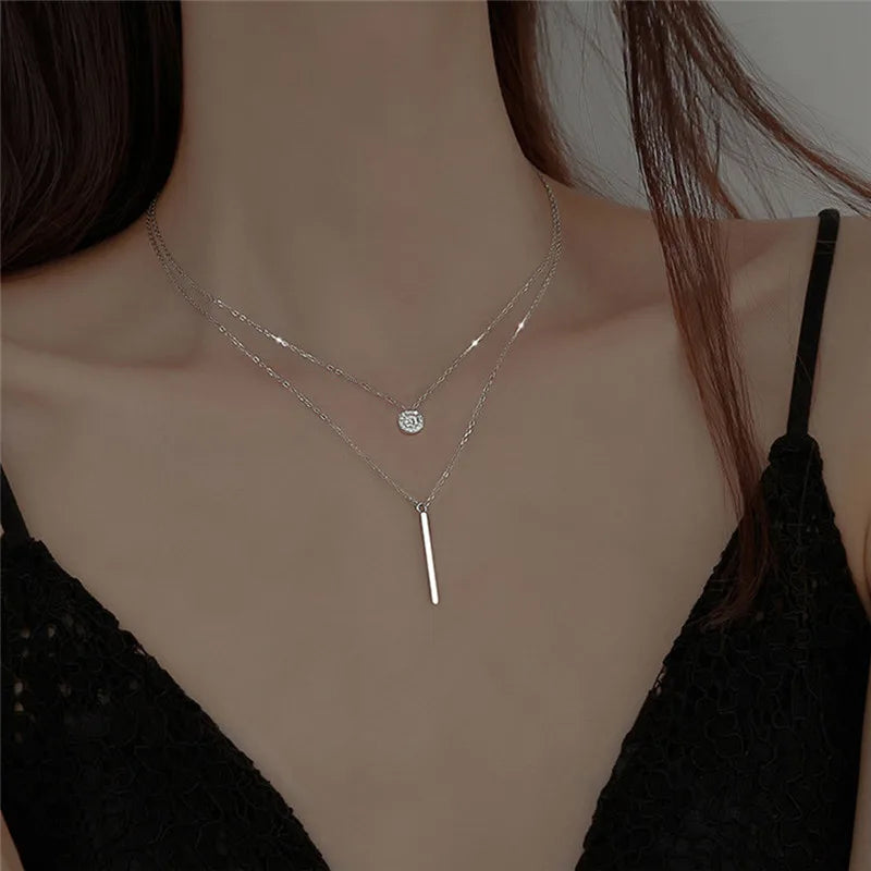 LATS New Shiny Round Plate Necklace Rose Rose Gold Color Exquisite Double Layer Clavicle Chain Necklace Jewelry for Women Gift