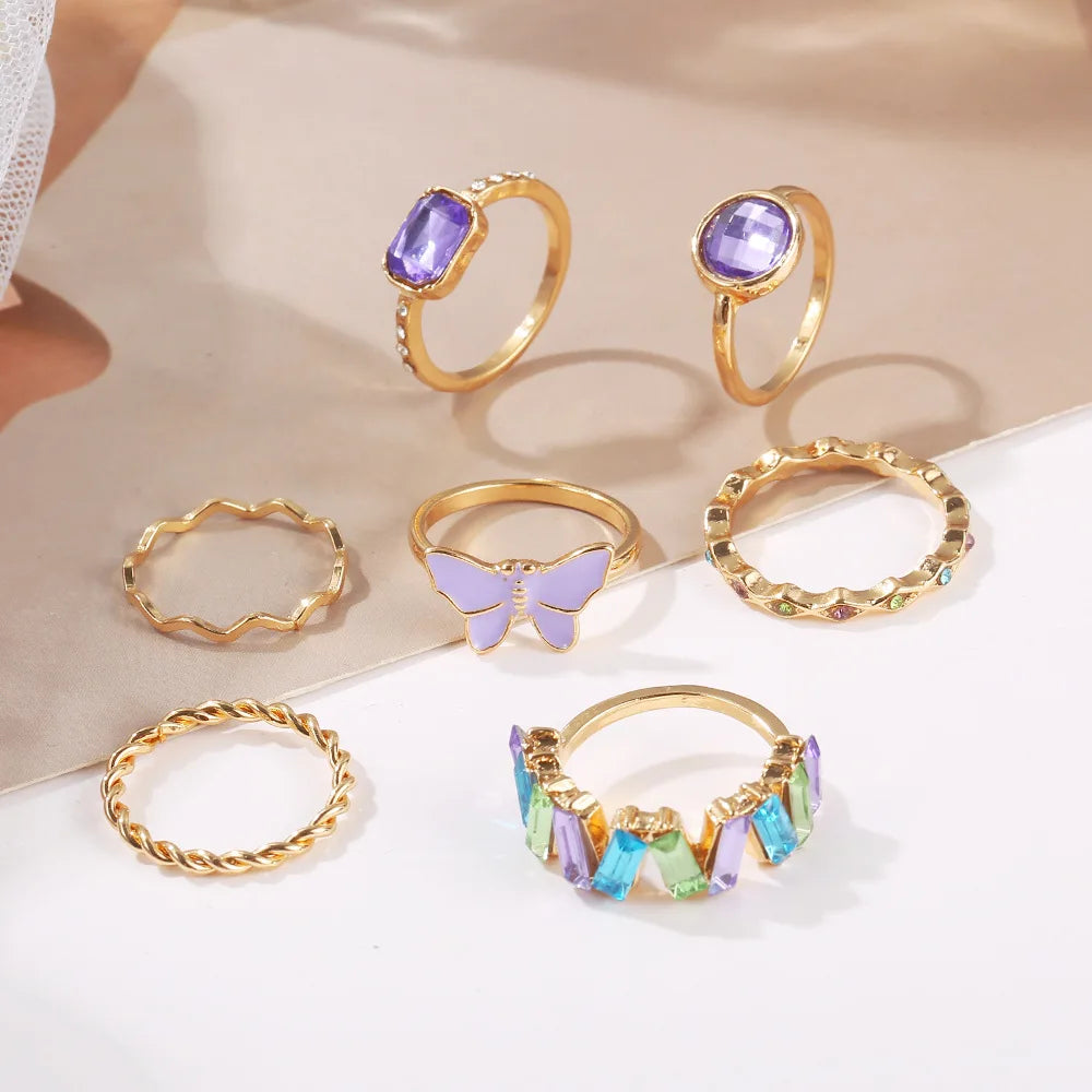 LATS 7pcs New Trend Light Luxury Purple Butterfly Crystal Rings Set for Women Fashion Jewelry Modern