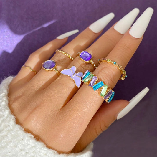 LATS 7pcs New Trend Light Luxury Purple Butterfly Crystal Rings Set for Women Fashion Jewelry Modern