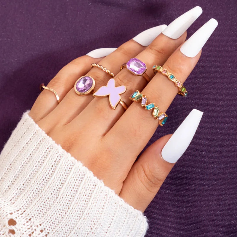 LATS 7pcs New Trend Light Luxury Purple Butterfly Crystal Rings Set for Women Fashion Jewelry Modern