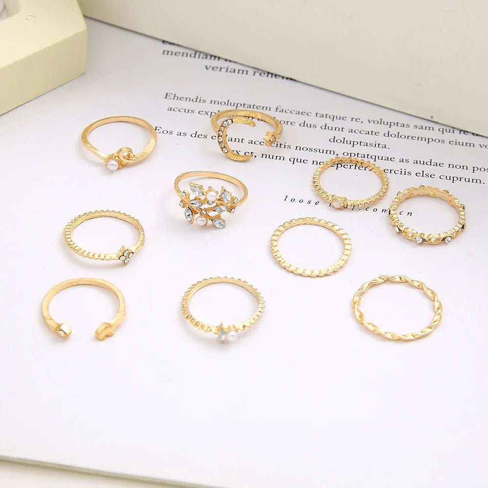 LATS Bohemian Gold Color Chain Rings Set for Women Fashion Boho Coin Snake Moon Star Rings Party 2024 Female Trend Jewelry Gifts