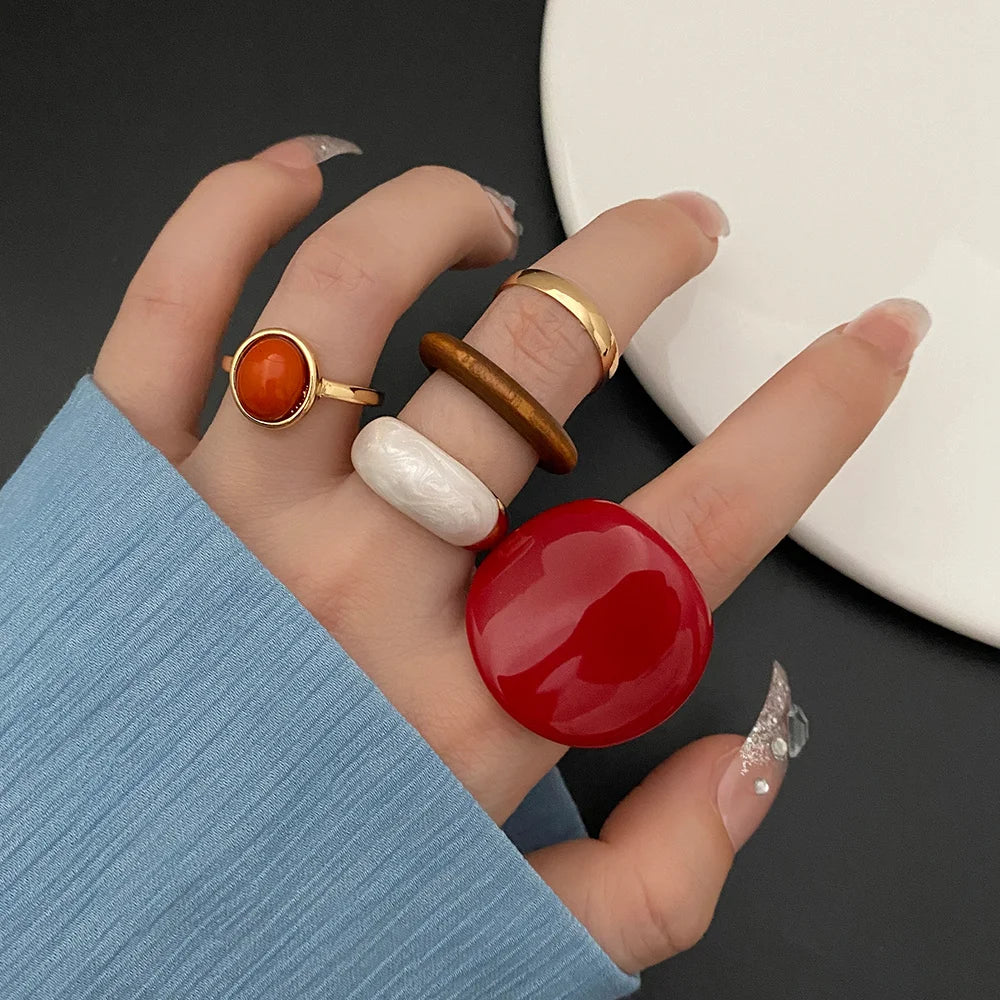 IPARAM New Trendy Rings Set for Women Exaggerated Red Resin Enamel Wooden Geometric Finger Ring Punk Fashion Jewelry