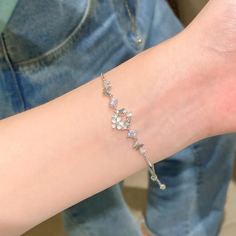 LATS Exquisite Flower Butterfly Bracelets Silver Color Unusual Fresh Bracelet for Women Girl Cute Accessories Fashion Jewelry