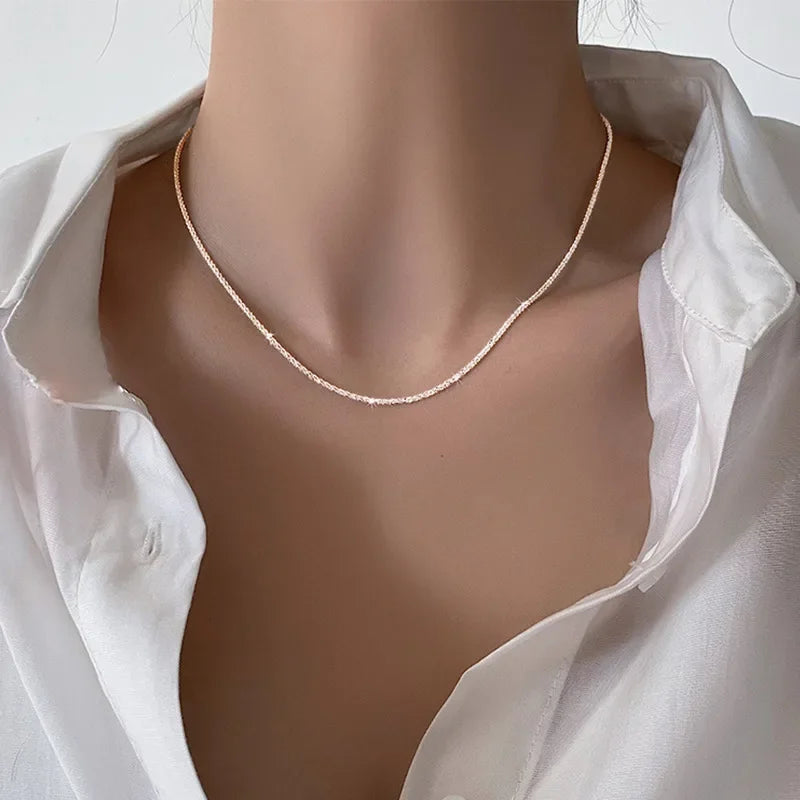 LATS Popular Silver Colour Sparkling Clavicle Chain Choker Necklace Collar For Women