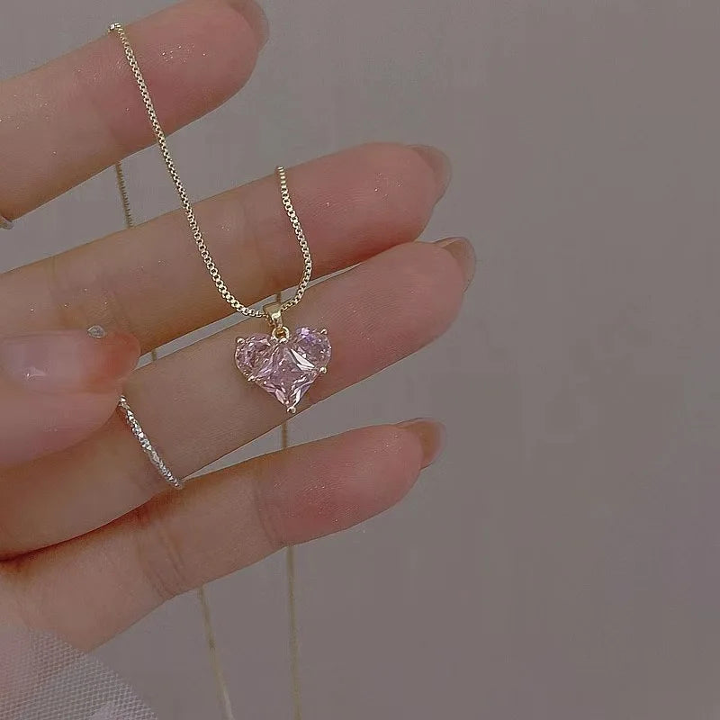 LATS 2024 New Fashion Trend Unique Design Elegant Delicate Pink Love Zircon Clavicle Necklace for Women Cute Jewelry Party Gift