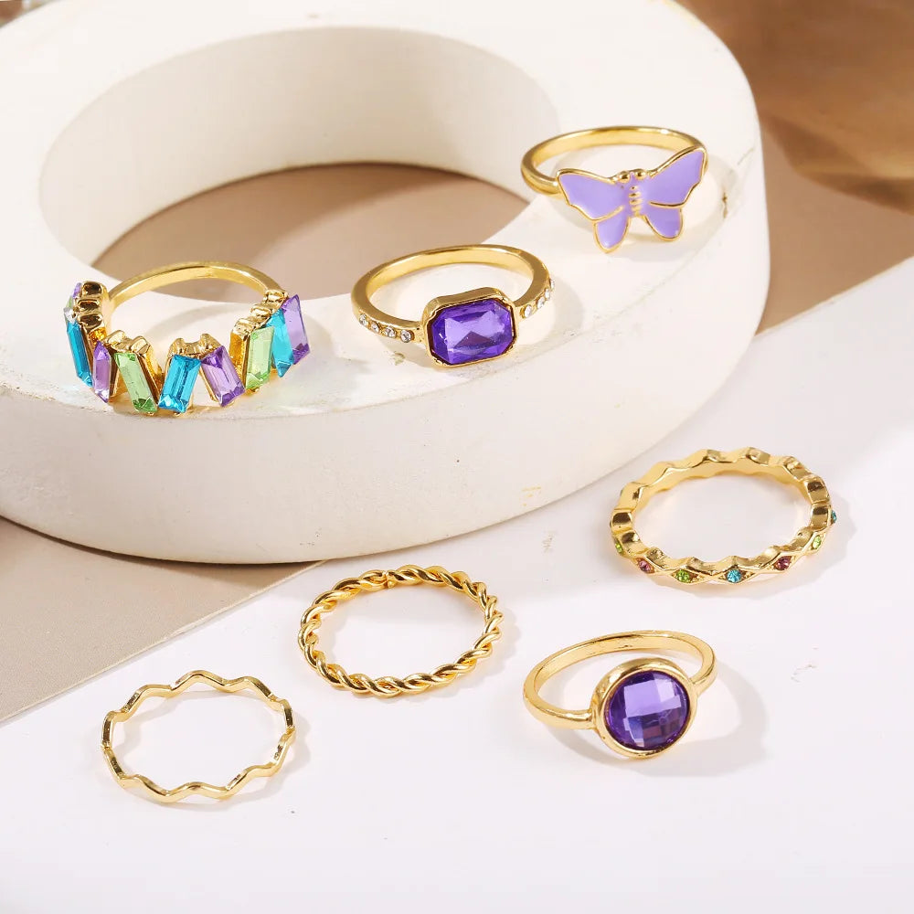 LATS 7pcs New Trend Light Luxury Purple Butterfly Crystal Rings Set for Women Fashion Jewelry Modern