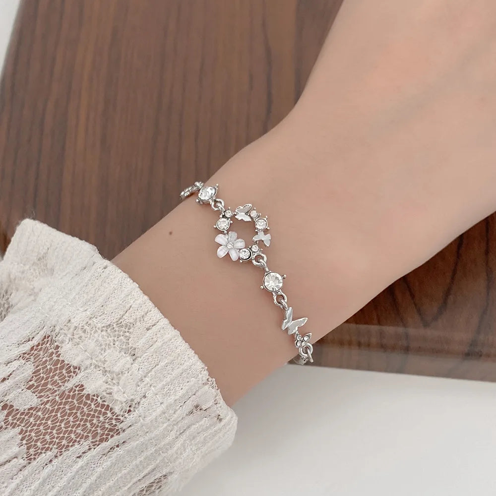 LATS Exquisite Flower Butterfly Bracelets Silver Color Unusual Fresh Bracelet for Women Girl Cute Accessories Fashion Jewelry