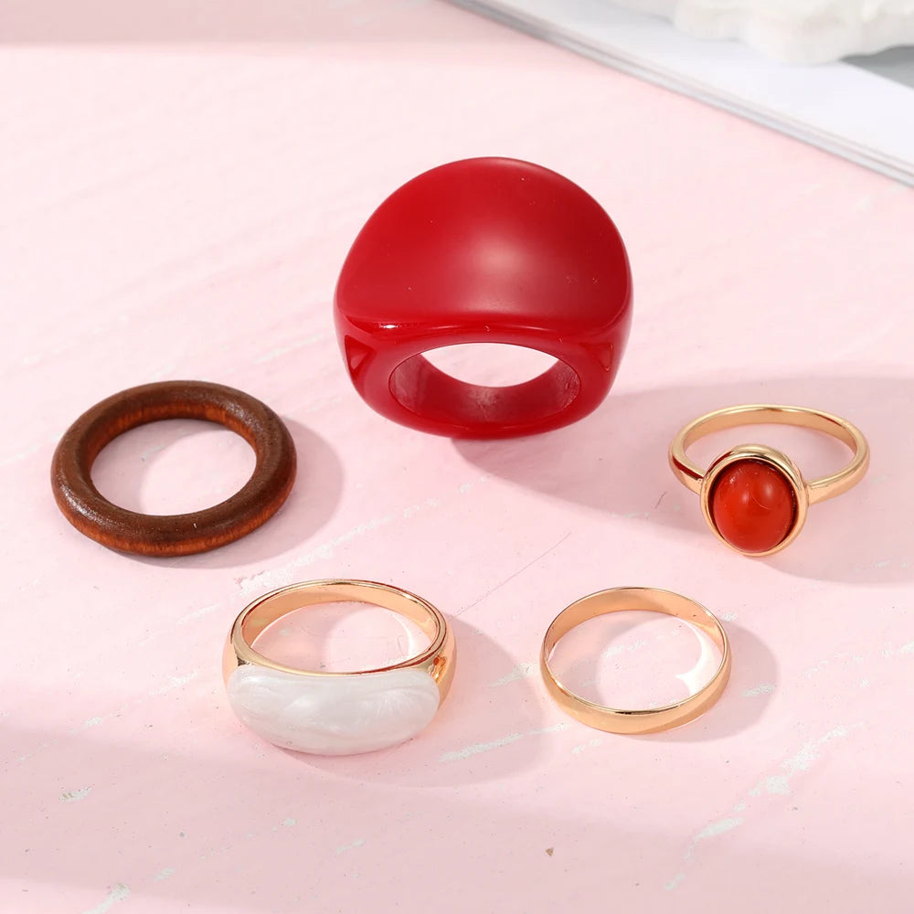 IPARAM New Trendy Rings Set for Women Exaggerated Red Resin Enamel Wooden Geometric Finger Ring Punk Fashion Jewelry