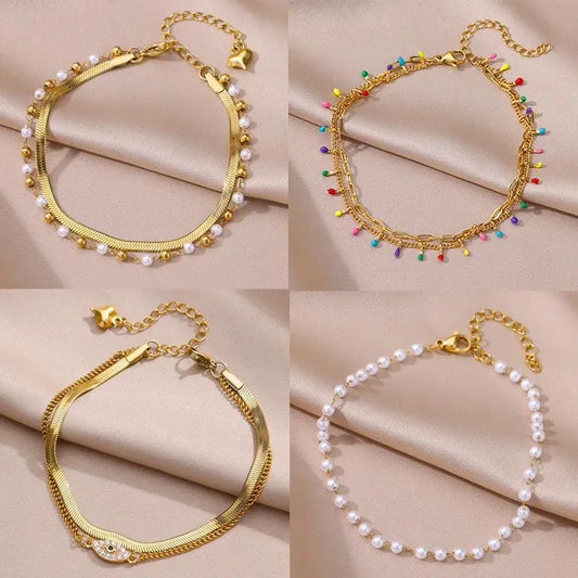 Anklets for Women Summer Beach Accessories Stainless Steel Imitation Pearl Chain Anklet Gold Color Leg Bracelets