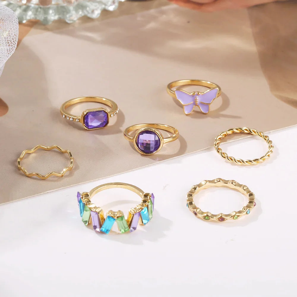 LATS 7pcs New Trend Light Luxury Purple Butterfly Crystal Rings Set for Women Fashion Jewelry Modern