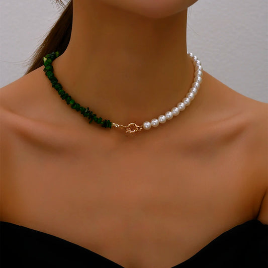 2024 Trend Elegant Jewelry Wedding Big Pearl Necklace For Women Fashion Imitation Pearl Green Rose Color Stone Choker Necklace