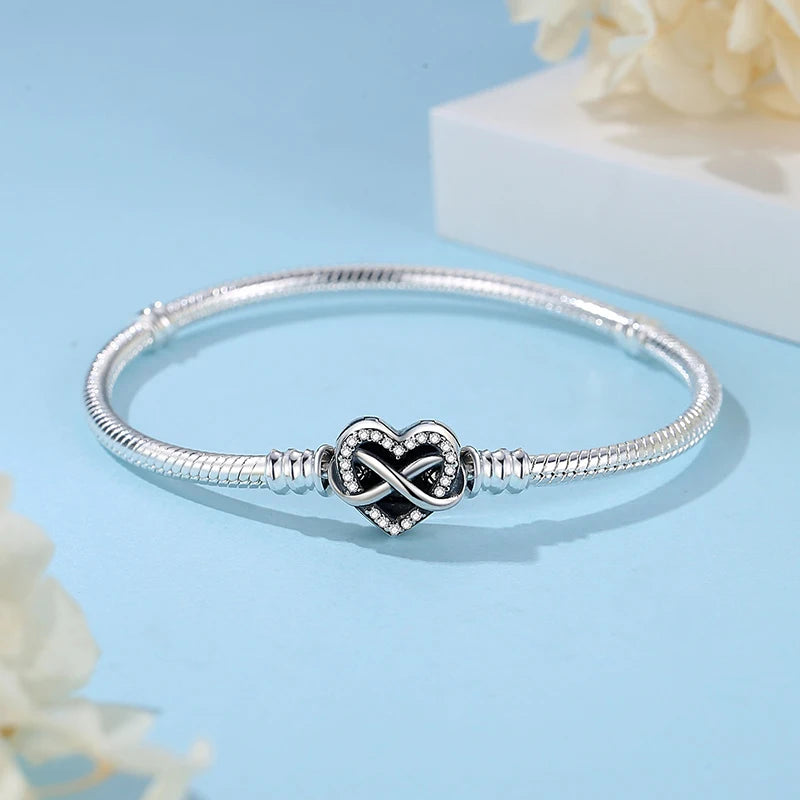 Original 925 Sterling Silver Bracelets Bangles Crystal Ball Love Heart Clasp Beads Charms