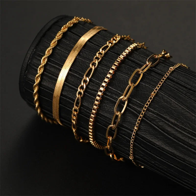 LATS 6Pcs Gold Color Bracelet Set Boho Retro Thick Twist Cuban Chain Bracelet for Women 2024 Trendy Quality Jewelry Gifts