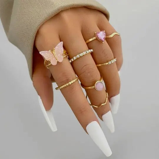 LATS 7pcs New Trend Light Luxury Purple Butterfly Crystal Rings Set for Women Fashion Jewelry Modern