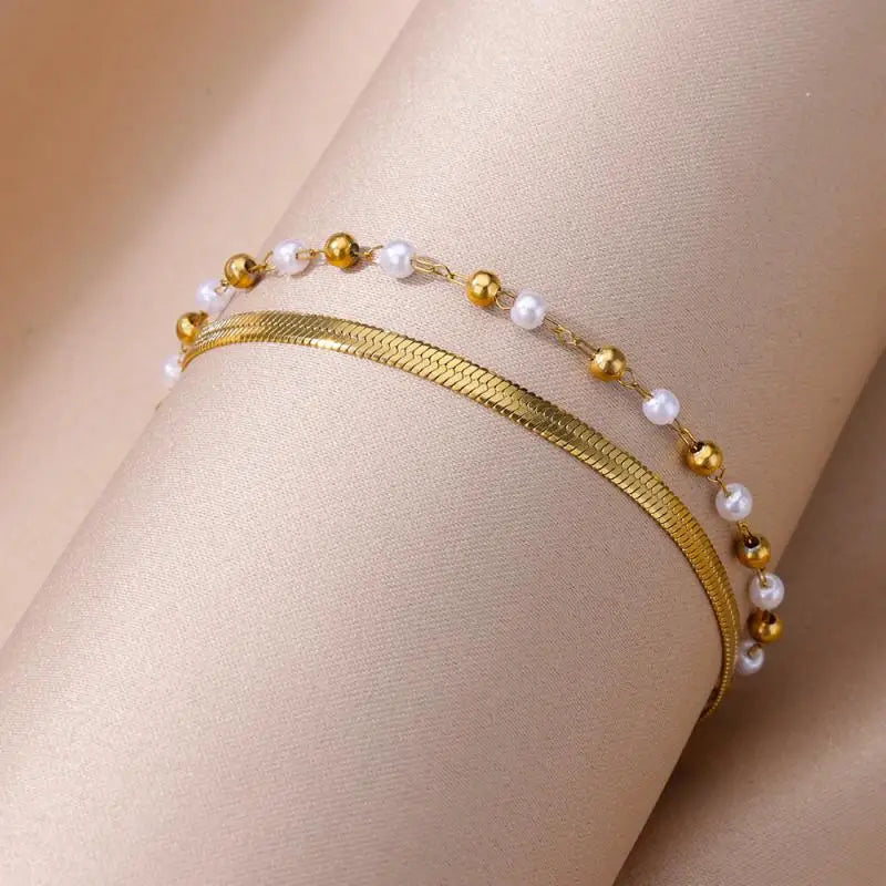 Anklets for Women Summer Beach Accessories Stainless Steel Imitation Pearl Chain Anklet Gold Color Leg Bracelets