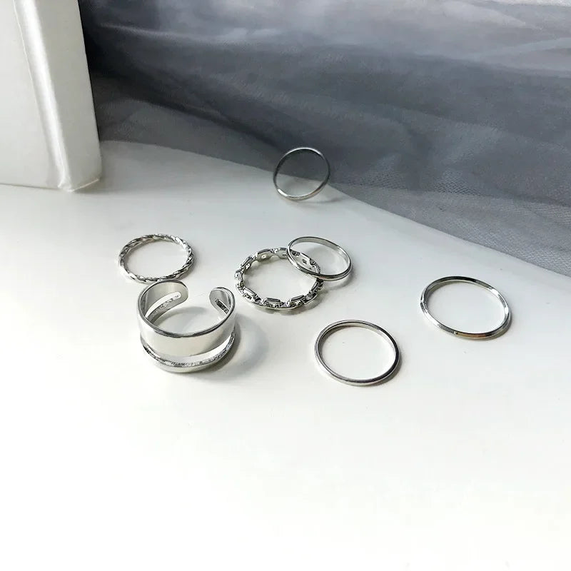 LATS 7pcs Fashi Rings Set Selling Metal Hollow Round Opening Women on Jewelry