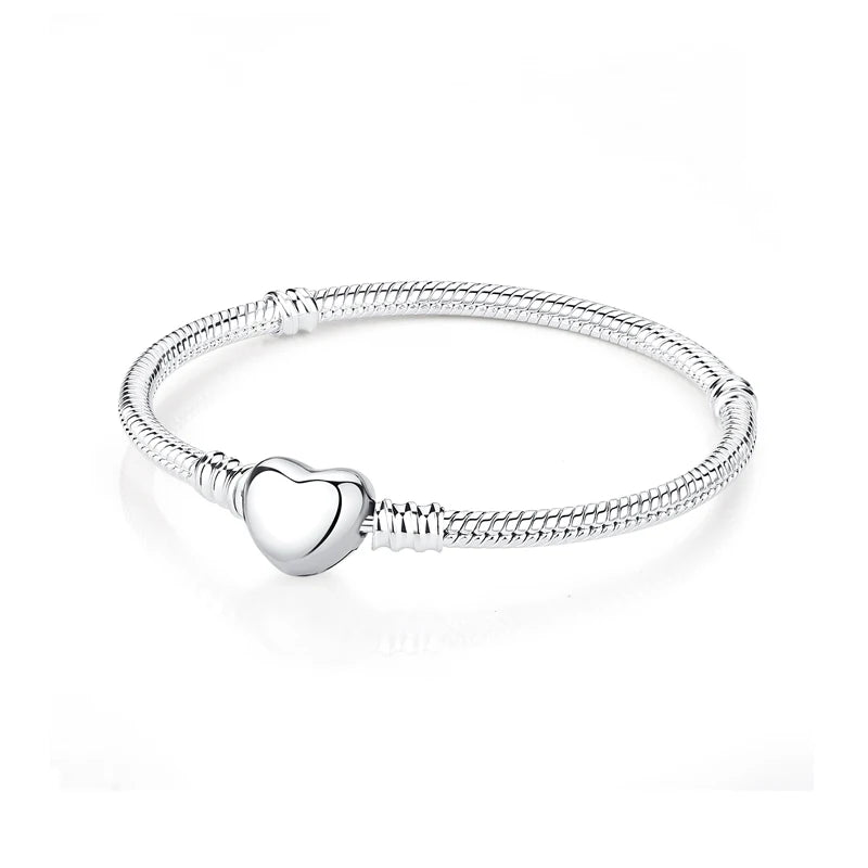 Original 925 Sterling Silver Bracelets Bangles Crystal Ball Love Heart Clasp Beads Charms