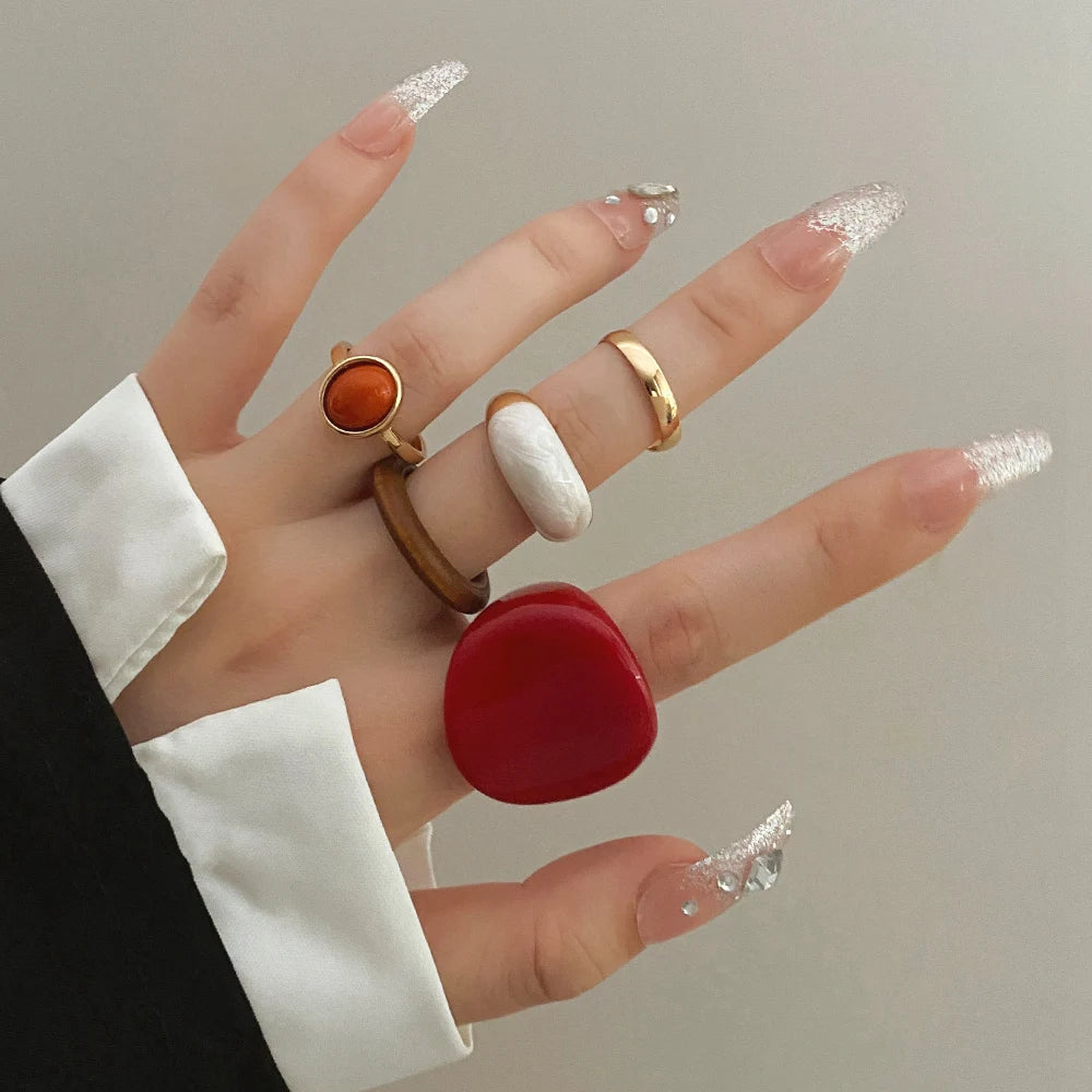 IPARAM New Trendy Rings Set for Women Exaggerated Red Resin Enamel Wooden Geometric Finger Ring Punk Fashion Jewelry