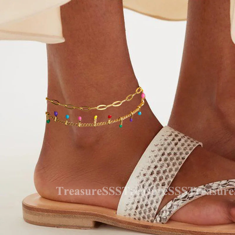 Anklets for Women Summer Beach Accessories Stainless Steel Imitation Pearl Chain Anklet Gold Color Leg Bracelets