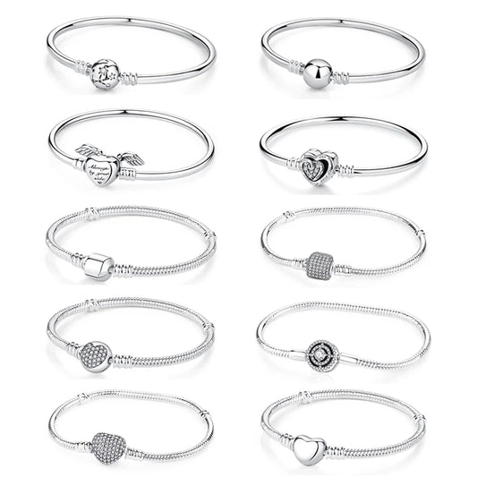 Original 925 Sterling Silver Bracelets Bangles Crystal Ball Love Heart Clasp Beads Charms