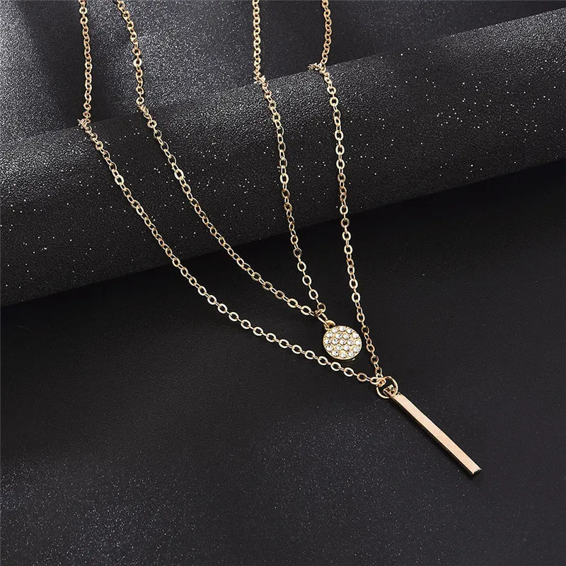 LATS New Shiny Round Plate Necklace Rose Rose Gold Color Exquisite Double Layer Clavicle Chain Necklace Jewelry for Women Gift