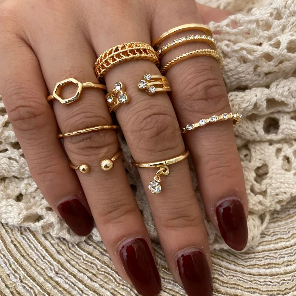 LATS Bohemian Gold Color Chain Rings Set for Women Fashion Boho Coin Snake Moon Star Rings Party 2024 Female Trend Jewelry Gifts