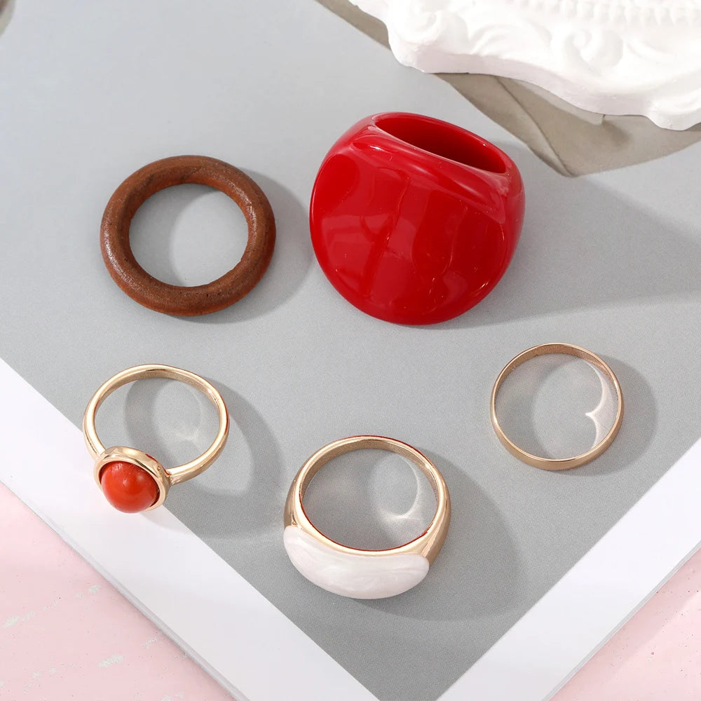 IPARAM New Trendy Rings Set for Women Exaggerated Red Resin Enamel Wooden Geometric Finger Ring Punk Fashion Jewelry